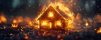 Small house engulfed in bright flames and sparks against dark background, glowing windows create dramatic atmosphere in artistic fantasy composition.