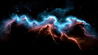 Dramatic cosmic nebula with glowing red and blue energy streams against dark space background, featuring lightning-like formations and swirling stellar clouds.