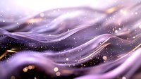 Ethereal purple waves with glowing particles and golden bokeh lights flowing in smooth curves against dark background create dreamy abstract composition.