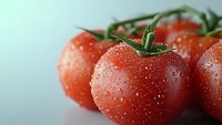 Fresh ripe tomatoes on vine with water droplets in macro view against soft background, highlighting natural texture and vibrant red color.