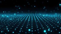 Glowing blue dots forming perspective grid pattern on dark background, creating futuristic technology visualization effect with bokeh light elements.