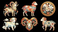 Decorative goat and ram illustrations with ornate floral patterns, isolated on transparent background. Ready for t-shirt design, clipart, stickers, sublimation, and print-on-demand projects.