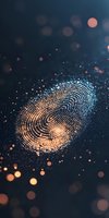 Glowing digital fingerprint pattern with orange and blue light effects on dark background, surrounded by bokeh particles and sparkles. Security concept.