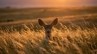 Deer standing in golden grassland at sunset, ears alert, wildlife in natural habitat during golden hour.