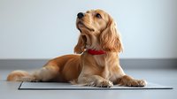 Adorable Cocker Spaniel with golden fur wearing red collar lying on gray mat, looking up with attentive expression against light background.