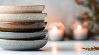 Stack of handcrafted ceramic plates and bowls in neutral earthy tones on light surface with glowing candles creating cozy atmosphere. Modern minimalist tableware.