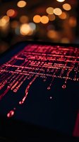 Red programming code on computer screen with warm bokeh lights in background creating atmospheric tech workspace ambiance for software development projects.
