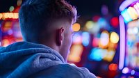 Young man in gray hoodie looking at colorful neon city lights and bokeh at night, rear view perspective capturing urban nightlife atmosphere and contemplative mood.