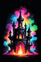 Mystical castle silhouette with glowing windows and magical entrance portal surrounded by vibrant rainbow smoke and ethereal flames against dark background.