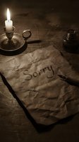 Handwritten sorry note on aged crumpled paper by candlelight with ink pen and inkwell, evoking regret, apology, and vintage emotion.