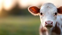 Young Hereford calf with white face and brown ears gazes directly at camera against blurred pastoral background during golden hour lighting, close up portrait.
