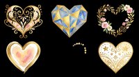Watercolor and gold heart collection, six decorative designs isolated on transparent background. Great for Valentine's Day clipart, stickers, t-shirt design, and print on demand.