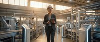 Middle-aged male professional in business attire walking through modern manufacturing facility with industrial machinery, suitable for corporate, technology, and industry-related projects.