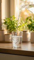 Water pouring into glass with potted plants in background on wooden surface, hydration and wellness concept for health and lifestyle use.