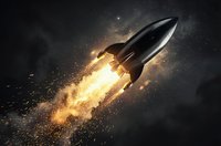 Powerful rocket launching through starry space with bright orange flames and sparks against cosmic background for aerospace and exploration projects.