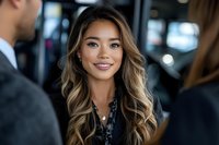Young Asian businesswoman with long wavy highlighted hair and bright smile during corporate meeting, wearing black blouse, professional office environment with bokeh background.