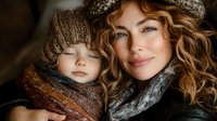 Tender moment between mother and child wearing warm winter knit accessories. Close up portrait showing natural curly blonde hair and peaceful expression.
