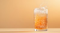 Refreshing orange carbonated drink with fizzy bubbles and splashing soda in clear glass against warm beige background, soft studio lighting creates appetizing beverage shot.