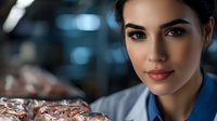 Professional female chef in commercial kitchen preparing meat dishes for restaurant service.