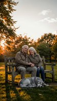 Happy senior Caucasian couple sitting on wooden bench in autumn park with golden sunset light and loyal dog resting at their feet during peaceful evening.