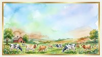 Pastoral landscape with grazing cattle and horses in meadow, red barn and mountains in background, watercolor countryside scene for agricultural, rural and farm-themed designs.
