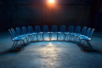 Empty blue chairs arranged in semicircle on concrete floor in dark room with single bright lamp above, creating dramatic atmosphere for group therapy or meeting space.