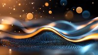 Abstract digital wave pattern with glowing golden and blue particles flowing on dark background, dynamic mesh surface with bokeh light effects and smooth curves.