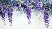 Cascading purple wisteria flowers with green leaves on white background, watercolor style botanical illustration for spring season designs and decorative art.