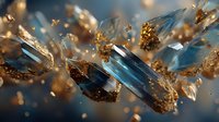 Luxurious blue crystals with gold flakes floating in dreamy bokeh background, creating elegant mineral composition for jewelry or luxury design concept.