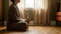 Woman in cozy robe sitting peacefully by window with warm morning sunlight streaming through curtains, holding hot beverage in serene home interior.
