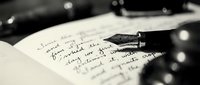 Fountain pen resting on handwritten letter with cursive text, selective focus on nib and ink, monochrome aesthetic for writing, correspondence, literature, education.