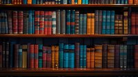 Vintage hardcover books arranged on wooden library shelves, featuring classic leather-bound volumes in blue, brown, and red spines creating atmospheric academic ambiance.
