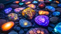 Glowing minerals and stones on dark pebbles background with vibrant neon colors of orange, purple, and blue creating magical luminescent effect.
