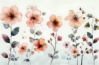 Delicate peach and coral watercolor flowers with gray-green leaves on soft blue background, creating gentle floral arrangement in transparent wash technique.