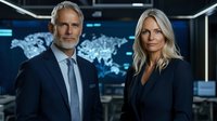 Mature business executives, man with gray beard and blonde woman in dark suits, standing in modern office with digital world map display in background.