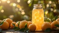 Fresh orange juice in mason jar surrounded by ripe oranges with green leaves on wooden surface. Golden sunlight creates warm bokeh background atmosphere.
