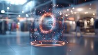 Glowing futuristic portal with sparkling particles in glass display, floating holographic ring effect against blurred retail background. Modern tech concept.