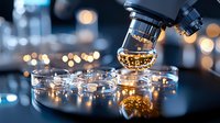 Laboratory research with golden liquid sample in petri dish on dark background with bokeh lights, scientific experiment in modern facility setting.