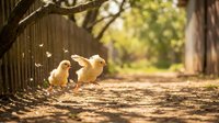 Young chicks exploring rural farm pathway with wooden fence and natural sunlight, suitable for agricultural, farming, and countryside lifestyle content.