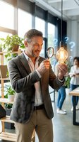 Middle-aged Caucasian businessman examining glowing light bulb with magnifying glass in modern office, representing innovation and creative problem-solving.