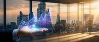 Businessman holding glowing stock market chart above palm with city skyline at sunset, representing financial growth, investment analysis, and digital trading technology for business success.
