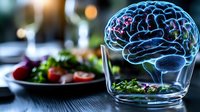 Glowing blue brain hologram above glass of water with fresh salad plate in background, representing healthy eating habits and cognitive wellness.