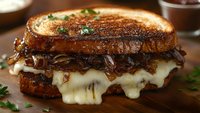 Grilled sandwich with melted Swiss cheese, caramelized onions and mushrooms on toasted sourdough bread garnished with fresh herbs, served on wooden board.