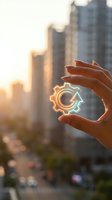 Hand holding glowing gear icon against urban skyline at sunset, representing technology, innovation, and business solutions for corporate and digital marketing projects.