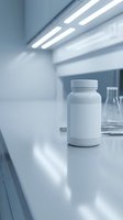 White supplement bottle on laboratory counter under fluorescent lights with glassware in sterile medical research environment for pharmaceutical development.