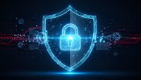 Digital cybersecurity shield with glowing padlock on dark tech background. Network protection, data security, firewall concept for business presentations.