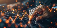 Digital finance graph with glowing orange trend line over keyboard typing, perfect for investment, stock market analysis, and financial technology concepts. Dark moody background with bokeh effect.
