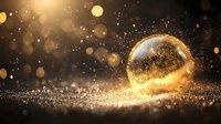 Magical glowing crystal ball on dark surface with golden bokeh lights and sparkles, creating mystical fortune telling atmosphere. Spiritual concept.