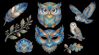 Ornate owl and feather collection with intricate blue and gold patterns, isolated on transparent background. Ready for t-shirt designs, clipart, stickers, sublimation, and print-on-demand projects.