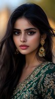 Young South Asian woman wearing traditional emerald green embroidered dress and ornate gold chandelier earrings, with dramatic eye makeup and nose ring against blurred background.